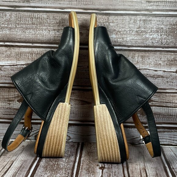 BONAVI SOFIA Womens 7.5 (EUR 38) Black Leather Wedge Ankle Strap Sandal Shoe EUC - Picture 6 of 9